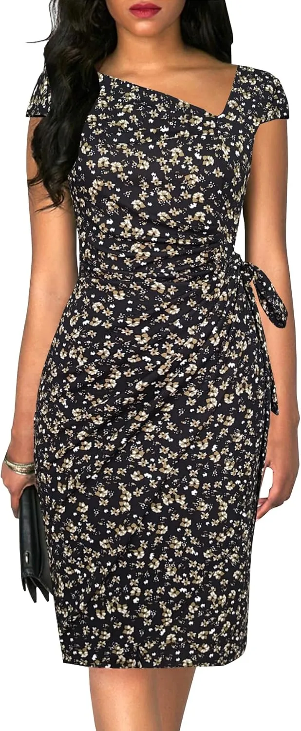 Women's Vintage Cap Sleeves Asymmetrical Neckline Sheath Bodycon Casual Work Cocktail Party Pencil Faux Wrap Dresses
