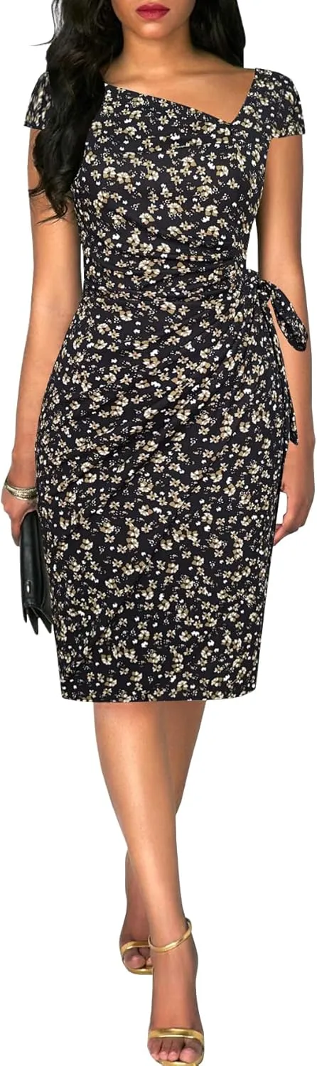 Women's Vintage Cap Sleeves Asymmetrical Neckline Sheath Bodycon Casual Work Cocktail Party Pencil Faux Wrap Dresses