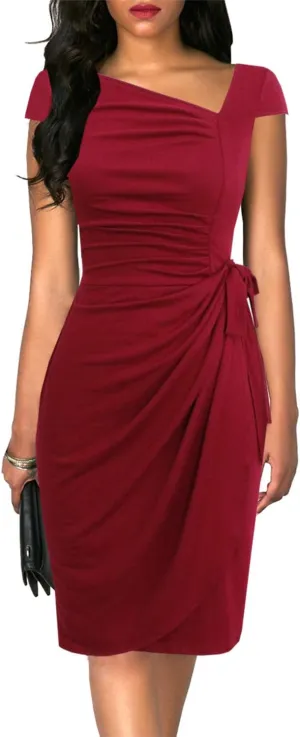 Women's Vintage Cap Sleeves Asymmetrical Neckline Sheath Bodycon Casual Work Cocktail Party Pencil Faux Wrap Dresses