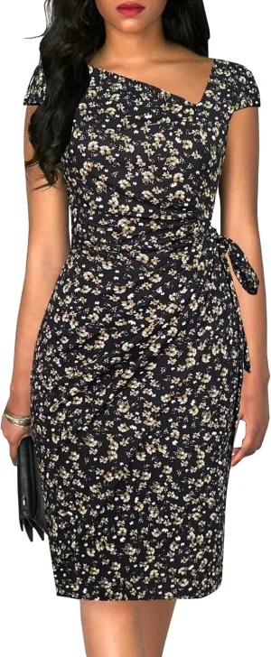 Women's Vintage Cap Sleeves Asymmetrical Neckline Sheath Bodycon Casual Work Cocktail Party Pencil Faux Wrap Dresses