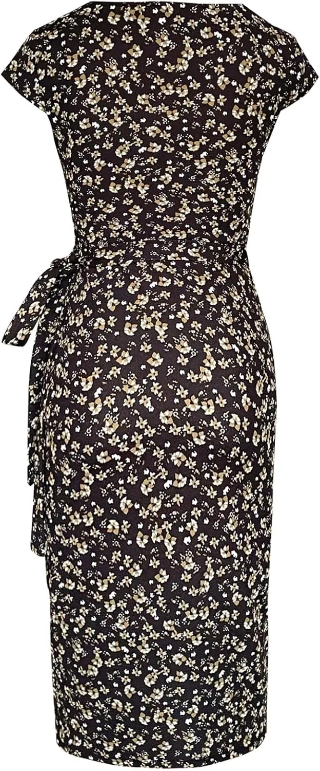 Women's Vintage Cap Sleeves Asymmetrical Neckline Sheath Bodycon Casual Work Cocktail Party Pencil Faux Wrap Dresses
