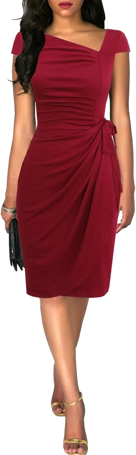 Women's Vintage Cap Sleeves Asymmetrical Neckline Sheath Bodycon Casual Work Cocktail Party Pencil Faux Wrap Dresses