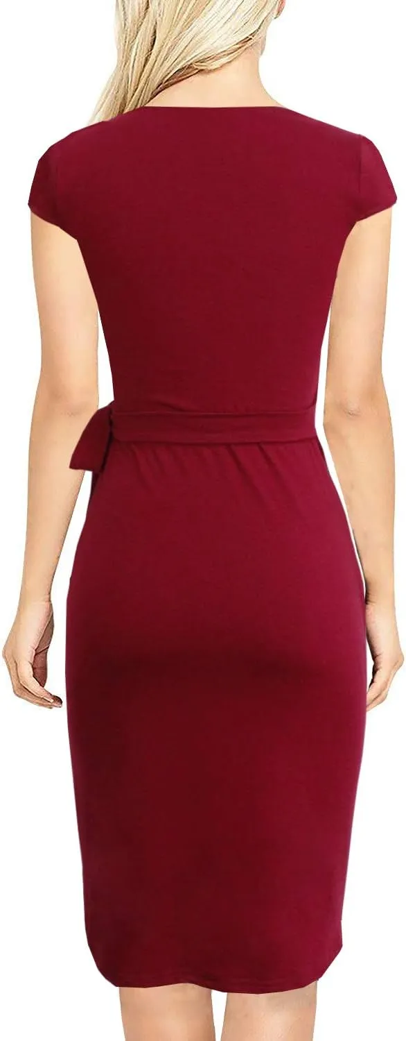 Women's Vintage Cap Sleeves Asymmetrical Neckline Sheath Bodycon Casual Work Cocktail Party Pencil Faux Wrap Dresses