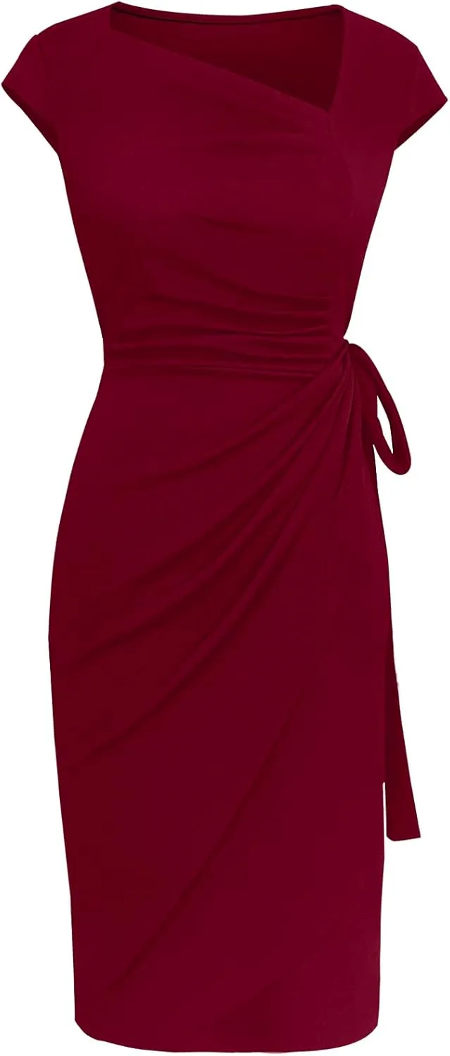 Women's Vintage Cap Sleeves Asymmetrical Neckline Sheath Bodycon Casual Work Cocktail Party Pencil Faux Wrap Dresses