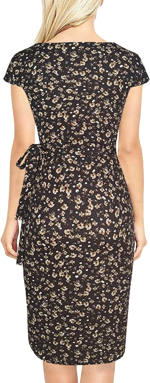 Women's Vintage Cap Sleeves Asymmetrical Neckline Sheath Bodycon Casual Work Cocktail Party Pencil Faux Wrap Dresses