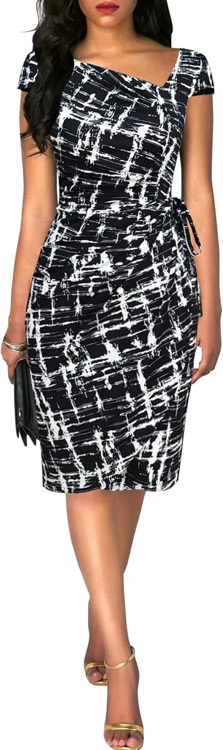 Women's Vintage Cap Sleeves Asymmetrical Neckline Sheath Bodycon Casual Work Cocktail Party Pencil Faux Wrap Dresses