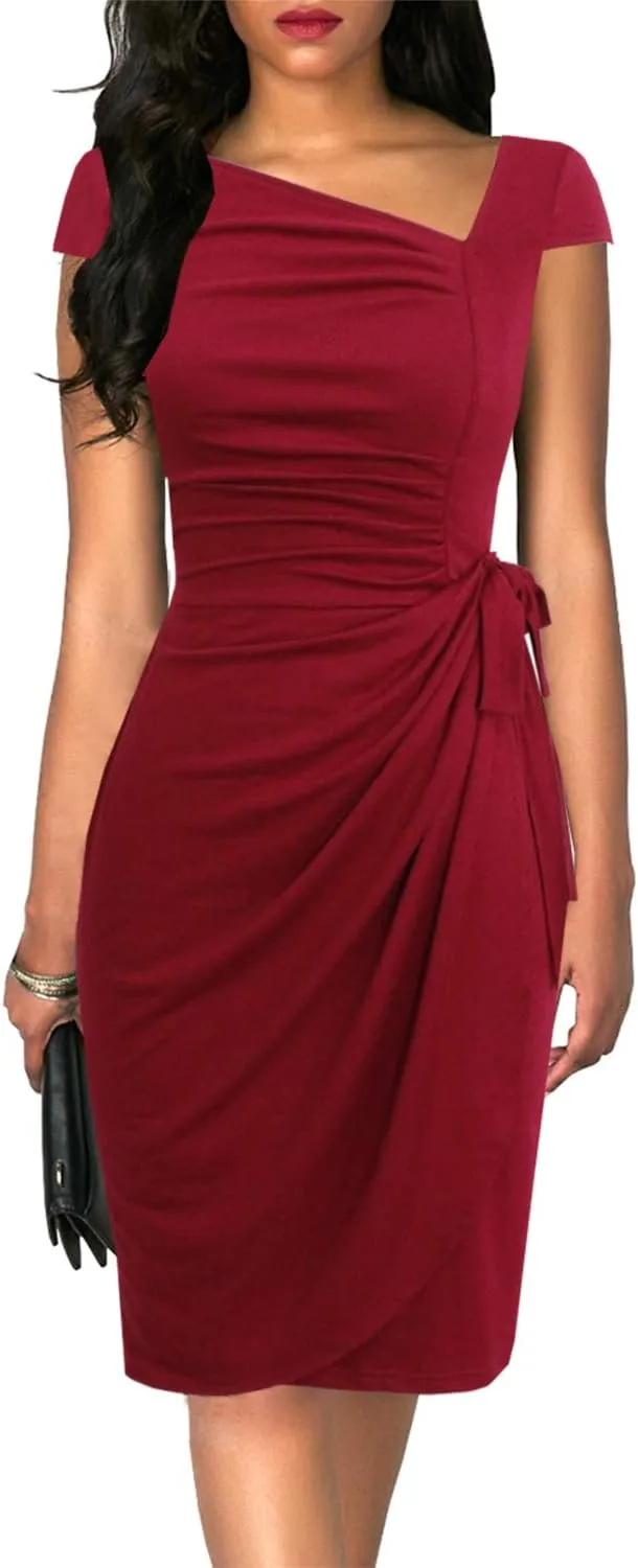 Women's Vintage Cap Sleeves Asymmetrical Neckline Sheath Bodycon Casual Work Cocktail Party Pencil Faux Wrap Dresses