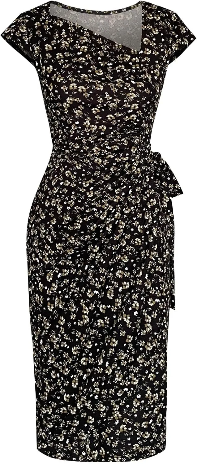 Women's Vintage Cap Sleeves Asymmetrical Neckline Sheath Bodycon Casual Work Cocktail Party Pencil Faux Wrap Dresses