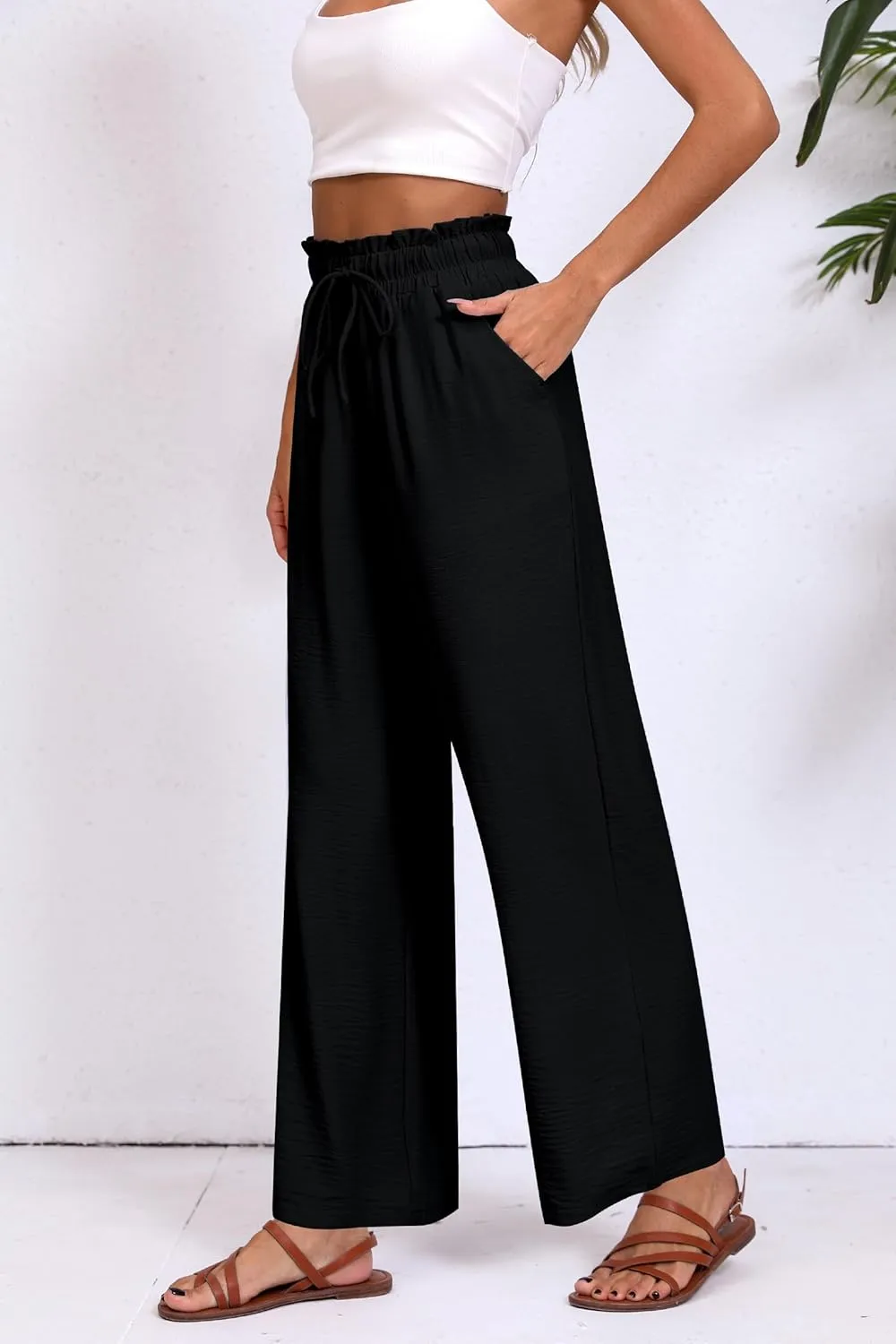 Womens Wide Leg Casual Pants with Pockets Loose Flowy High Waisted Lounge Trousers
