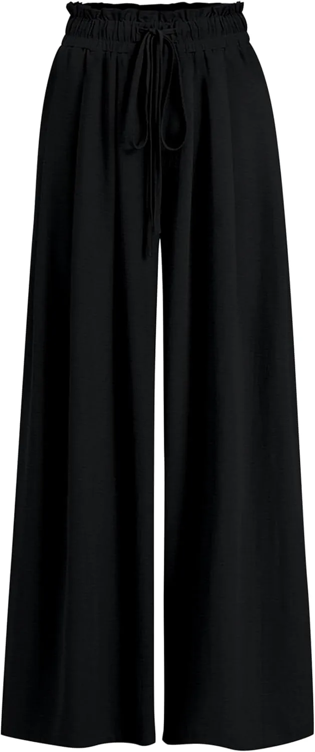 Womens Wide Leg Casual Pants with Pockets Loose Flowy High Waisted Lounge Trousers