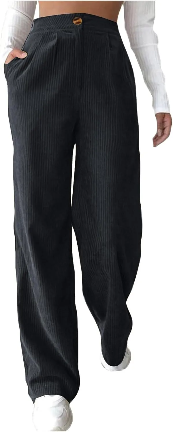 Women's Wide Leg Corduroy Pants Loose Straight Leg Pants High Waist Button Stretchy Trousers Lounge Pant with Pockets