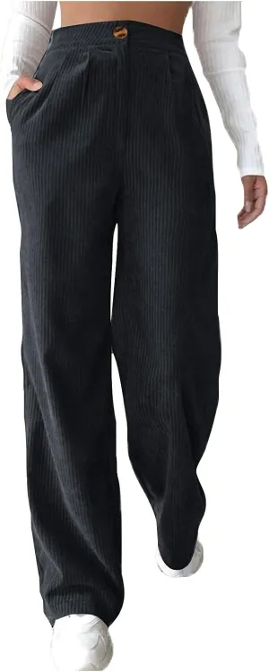 Women's Wide Leg Corduroy Pants Loose Straight Leg Pants High Waist Button Stretchy Trousers Lounge Pant with Pockets