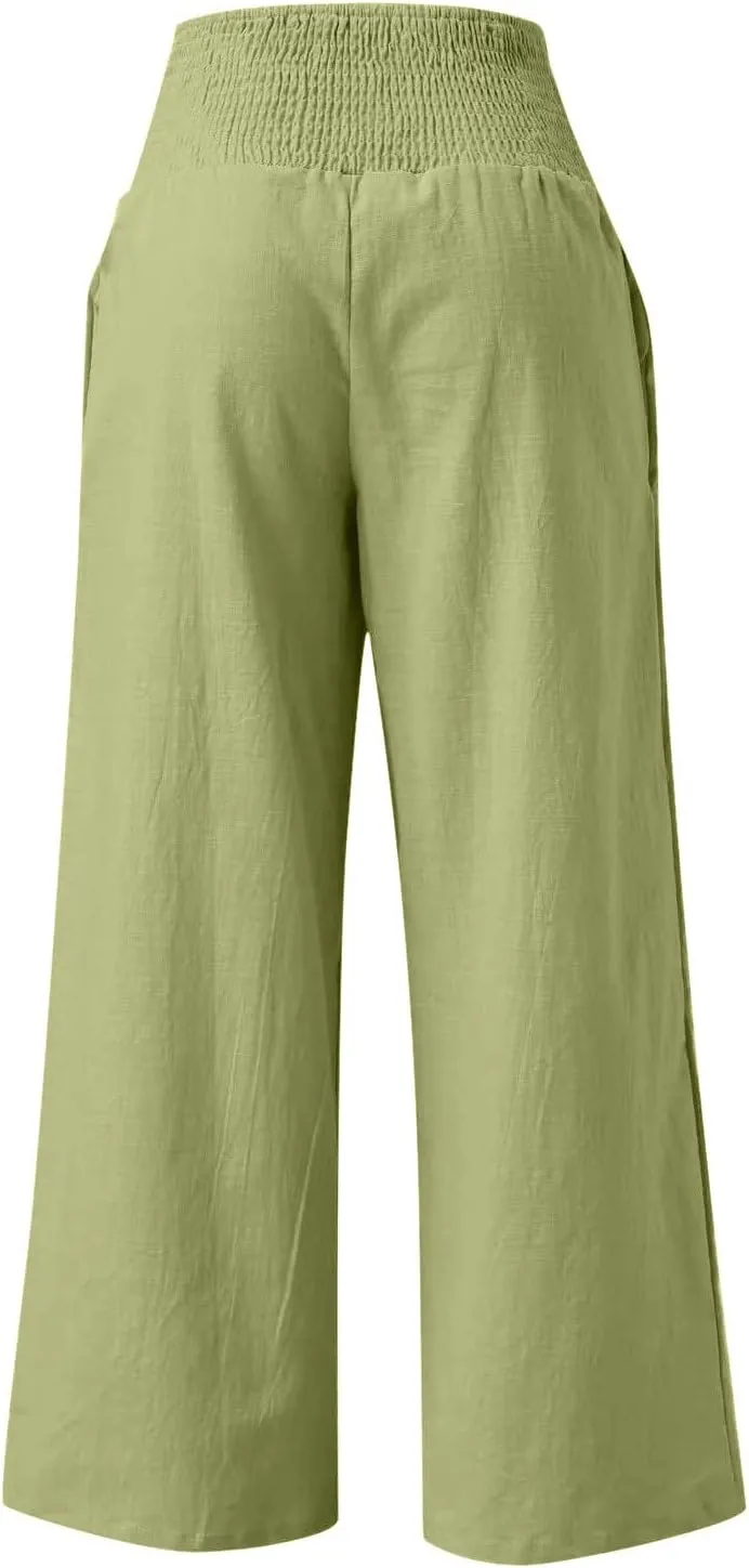 Women's Wide Leg Linen Pants Summer Loose High Waist Smocked Palazzo Pants Baggy Flowy Lounge Beach Pants Trousers