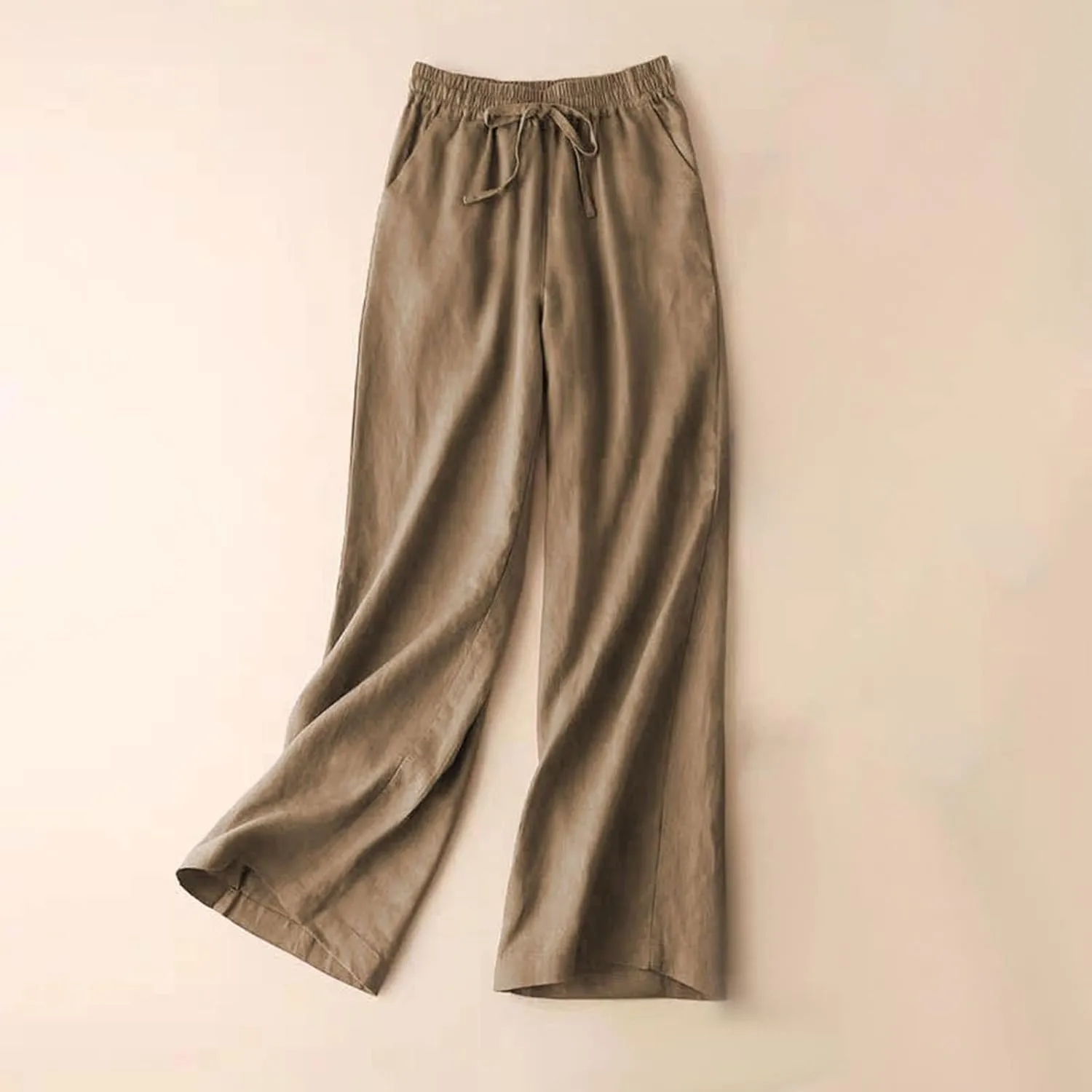 Women's Wide Leg Palazzo Pants Linen Drawstring Cropped Pants Trousers Summer Culottes with Pocket