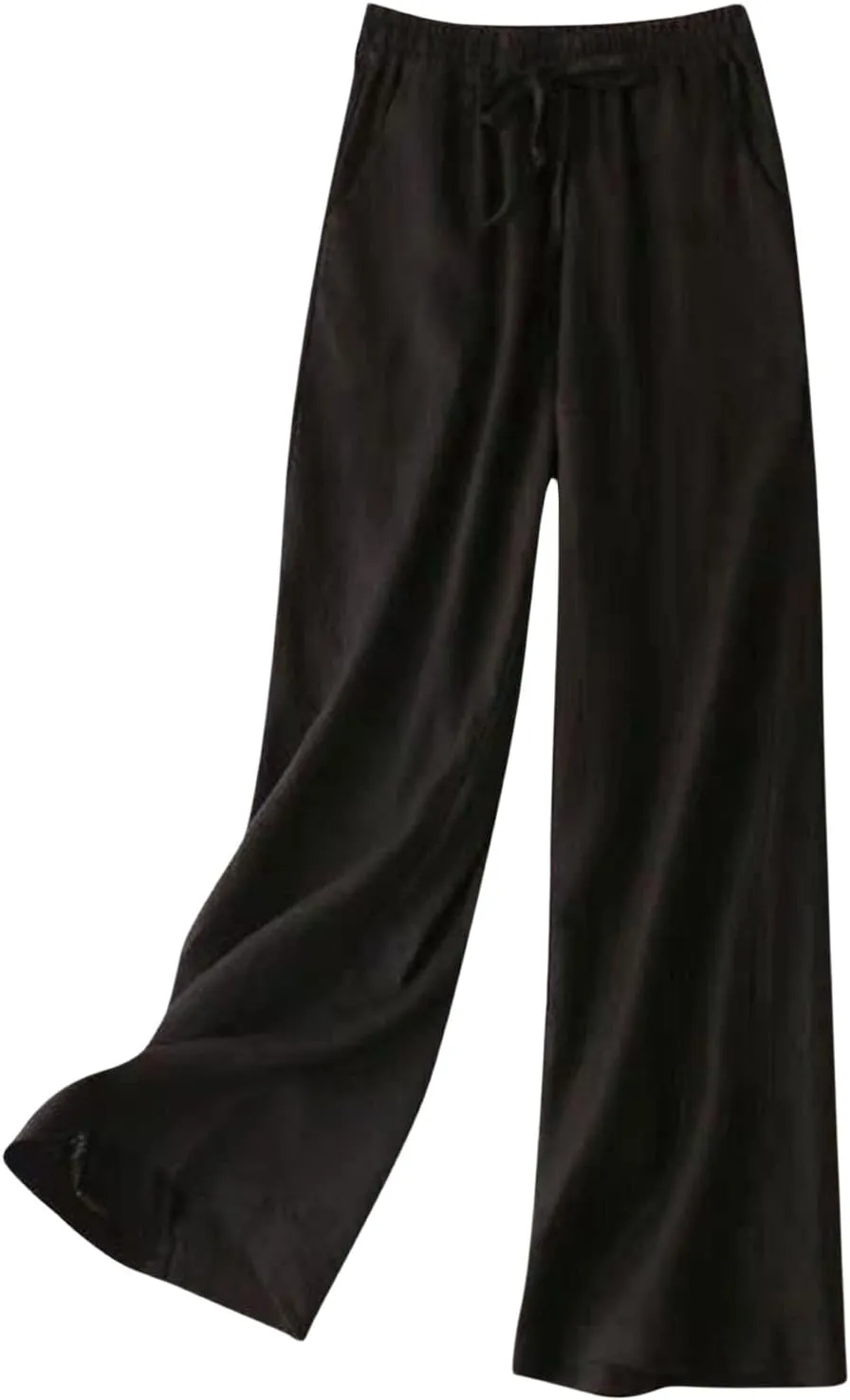 Women's Wide Leg Palazzo Pants Linen Drawstring Cropped Pants Trousers Summer Culottes with Pocket
