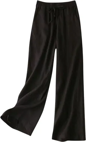 Women's Wide Leg Palazzo Pants Linen Drawstring Cropped Pants Trousers Summer Culottes with Pocket