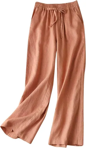 Women's Wide Leg Palazzo Pants Linen Drawstring Cropped Pants Trousers Summer Culottes with Pocket