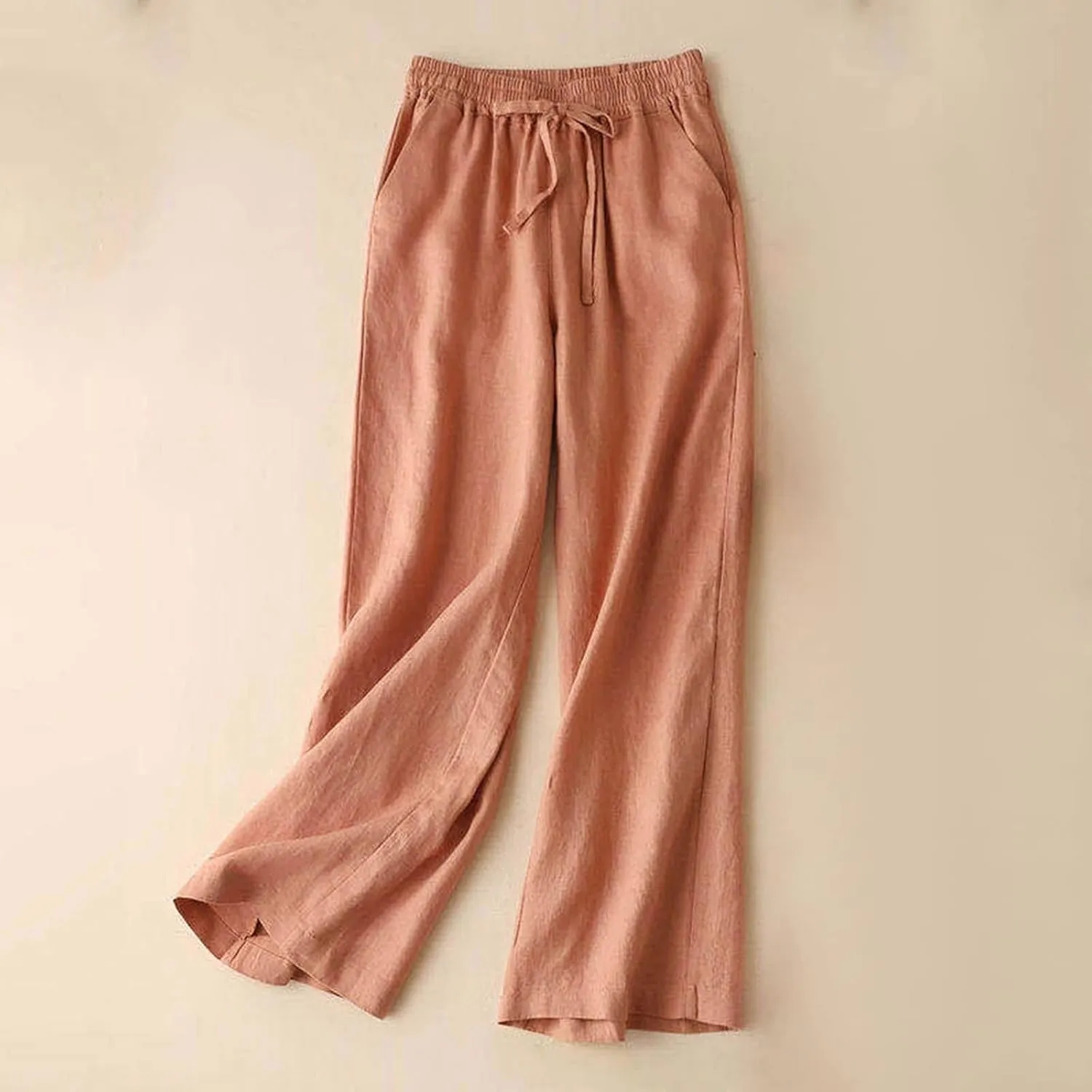 Women's Wide Leg Palazzo Pants Linen Drawstring Cropped Pants Trousers Summer Culottes with Pocket