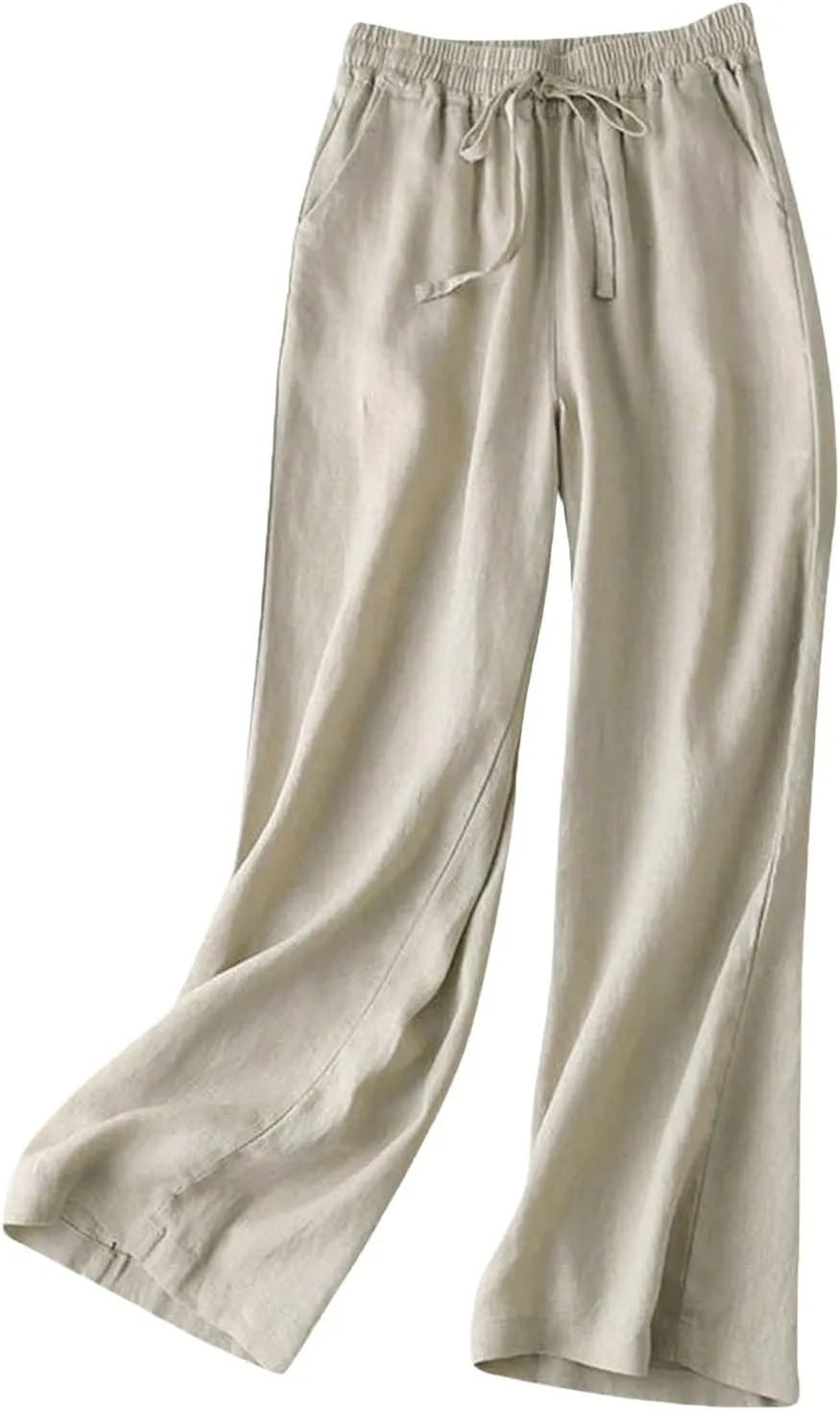 Women's Wide Leg Palazzo Pants Linen Drawstring Cropped Pants Trousers Summer Culottes with Pocket