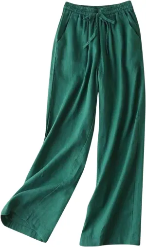 Women's Wide Leg Palazzo Pants Linen Drawstring Cropped Pants Trousers Summer Culottes with Pocket
