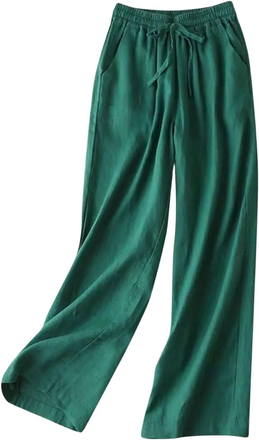 Women's Wide Leg Palazzo Pants Linen Drawstring Cropped Pants Trousers Summer Culottes with Pocket