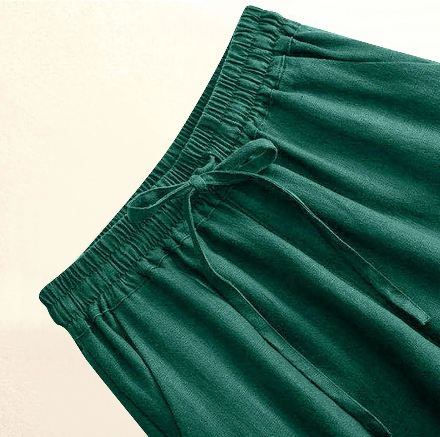 Women's Wide Leg Palazzo Pants Linen Drawstring Cropped Pants Trousers Summer Culottes with Pocket