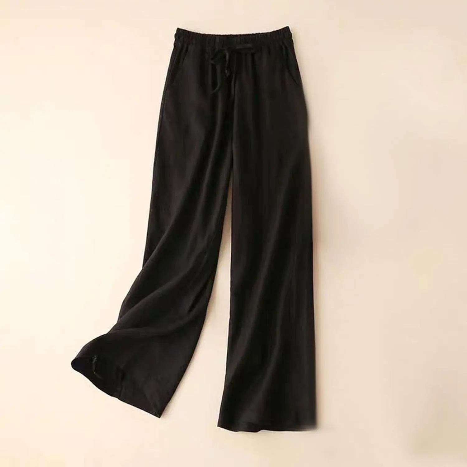 Women's Wide Leg Palazzo Pants Linen Drawstring Cropped Pants Trousers Summer Culottes with Pocket