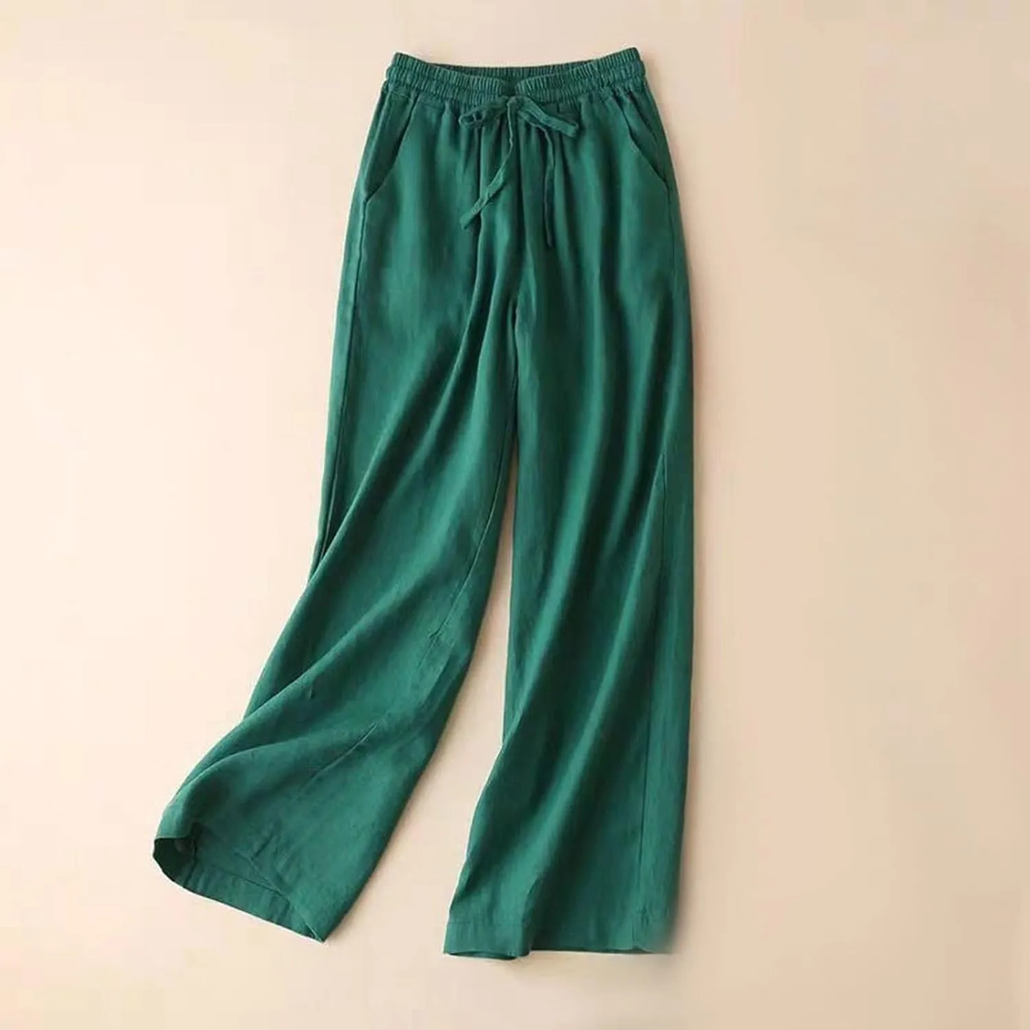 Women's Wide Leg Palazzo Pants Linen Drawstring Cropped Pants Trousers Summer Culottes with Pocket