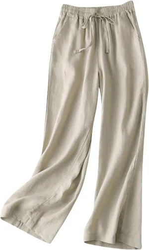 Women's Wide Leg Palazzo Pants Linen Drawstring Cropped Pants Trousers Summer Culottes with Pocket