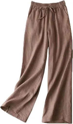 Women's Wide Leg Palazzo Pants Linen Drawstring Cropped Pants Trousers Summer Culottes with Pocket