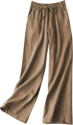Women's Wide Leg Palazzo Pants Linen Drawstring Cropped Pants Trousers Summer Culottes with Pocket