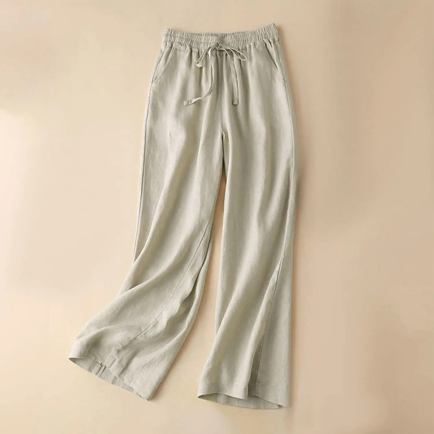 Women's Wide Leg Palazzo Pants Linen Drawstring Cropped Pants Trousers Summer Culottes with Pocket