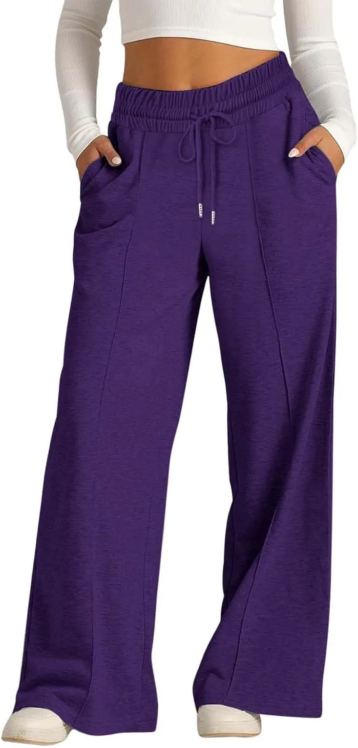 Women's Wide Leg Sweatpants Casual Solid High Waisted Straight Leg Pants Workout Lounge Joggers Outfits with Pockets