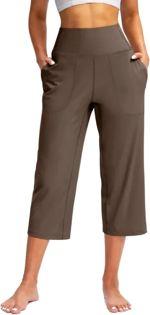 Women's WIde Leg Yoga Pant High Waist Capri Pants Tummy Control Soft Loose Causal Cropped Trousers with Pockets
