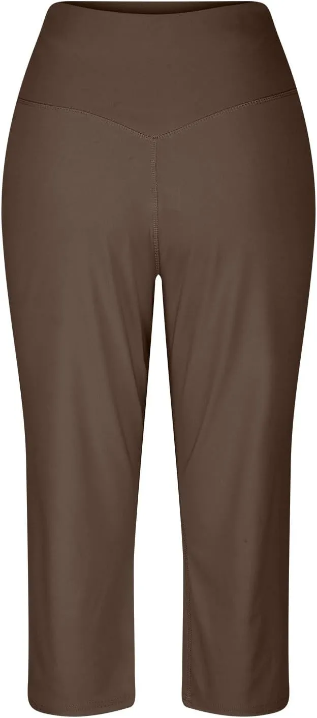 Women's WIde Leg Yoga Pant High Waist Capri Pants Tummy Control Soft Loose Causal Cropped Trousers with Pockets