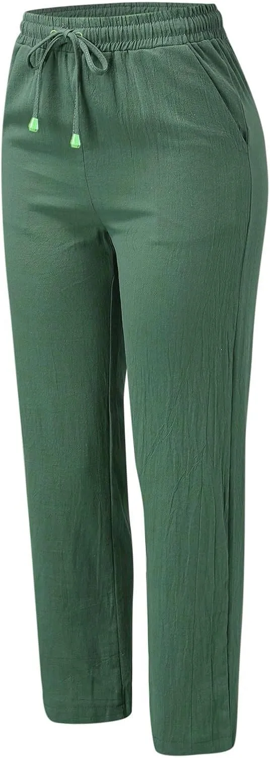 Women'sLinen Palazzo Pants and Straight Solid Elastic Pants Long Drawstring Women Waist Flowy Wide Leg Palazzo