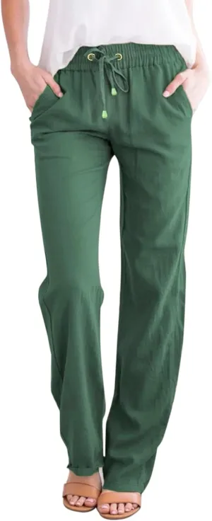 Women'sLinen Palazzo Pants and Straight Solid Elastic Pants Long Drawstring Women Waist Flowy Wide Leg Palazzo