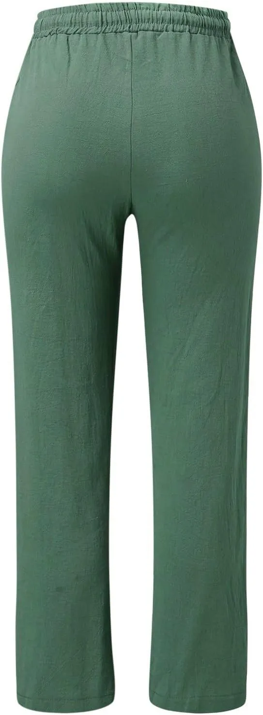 Women'sLinen Palazzo Pants and Straight Solid Elastic Pants Long Drawstring Women Waist Flowy Wide Leg Palazzo