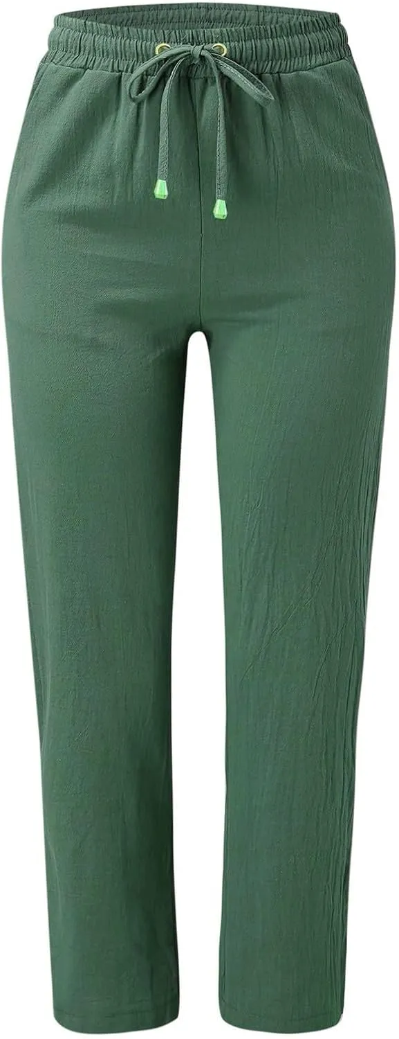 Women'sLinen Palazzo Pants and Straight Solid Elastic Pants Long Drawstring Women Waist Flowy Wide Leg Palazzo