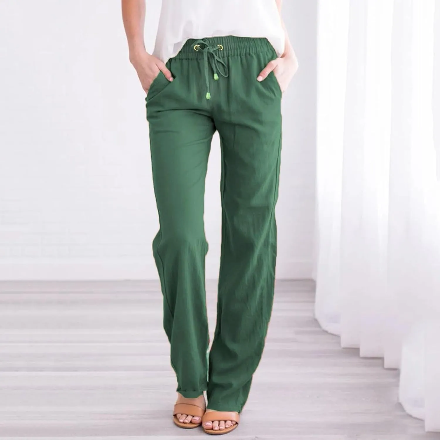 Women'sLinen Palazzo Pants and Straight Solid Elastic Pants Long Drawstring Women Waist Flowy Wide Leg Palazzo