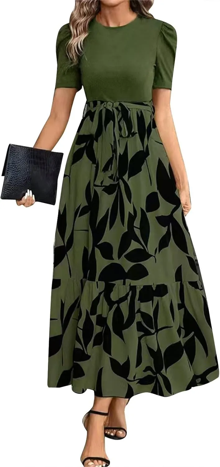 Work Dresses for Women 2025 Elegant Classy Summer Empire Waist Short Sleeve A Line Dress Wedding Guest Wrap Sundress
