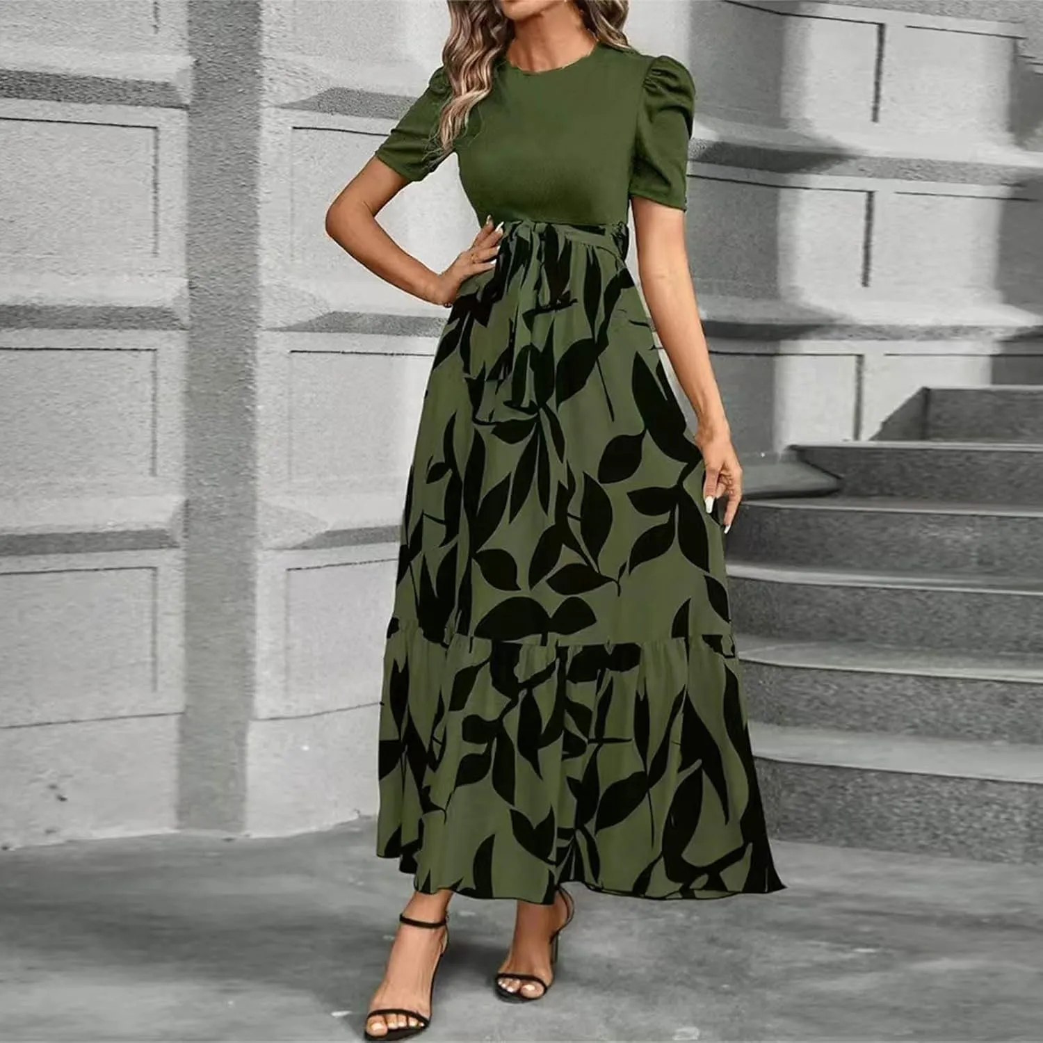 Work Dresses for Women 2025 Elegant Classy Summer Empire Waist Short Sleeve A Line Dress Wedding Guest Wrap Sundress