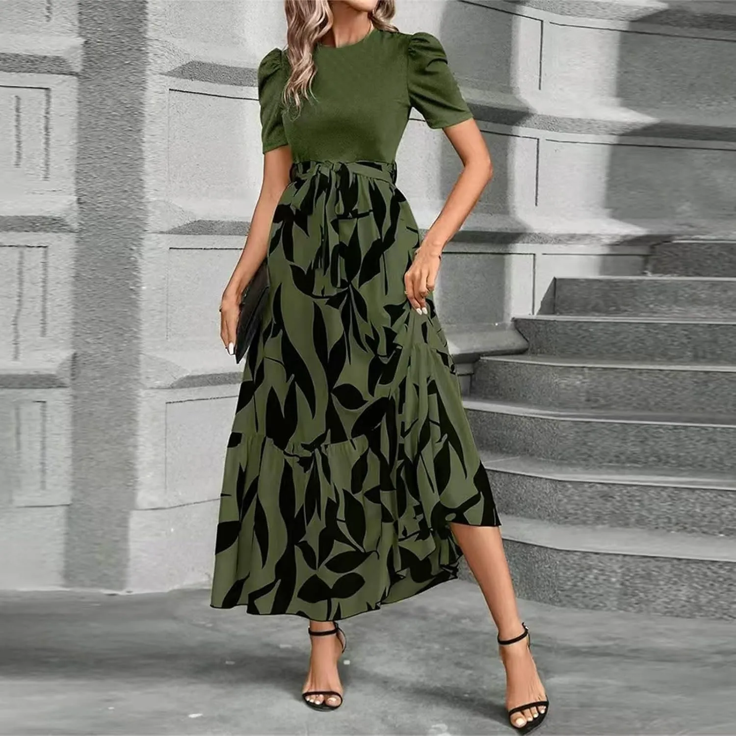 Work Dresses for Women 2025 Elegant Classy Summer Empire Waist Short Sleeve A Line Dress Wedding Guest Wrap Sundress