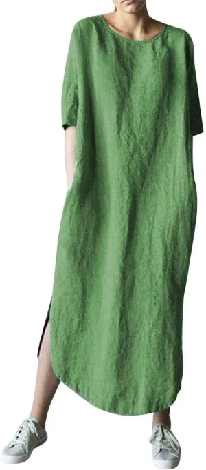 XOWRTE Women's Casual Cocktail Dresses Summer Cotton Linen Long Sleeve O-Neck Fold Casual Dress Round Neck Dress
