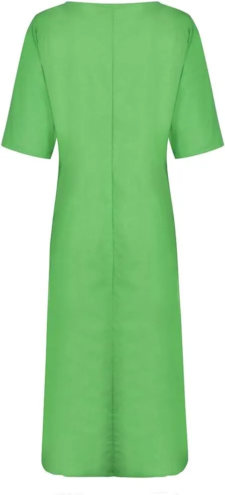 XOWRTE Women's Casual Cocktail Dresses Summer Cotton Linen Long Sleeve O-Neck Fold Casual Dress Round Neck Dress