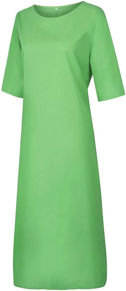 XOWRTE Women's Casual Cocktail Dresses Summer Cotton Linen Long Sleeve O-Neck Fold Casual Dress Round Neck Dress