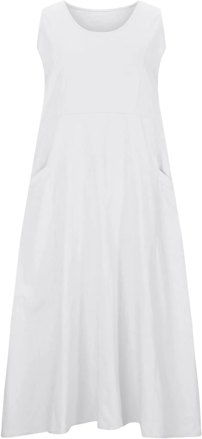 XUNRYAN Summer Dresses Women 2025 Cotton Linen Maxi Dress Sleeveless Casual Long Flowy Vacation Beach Sundress with Pockets