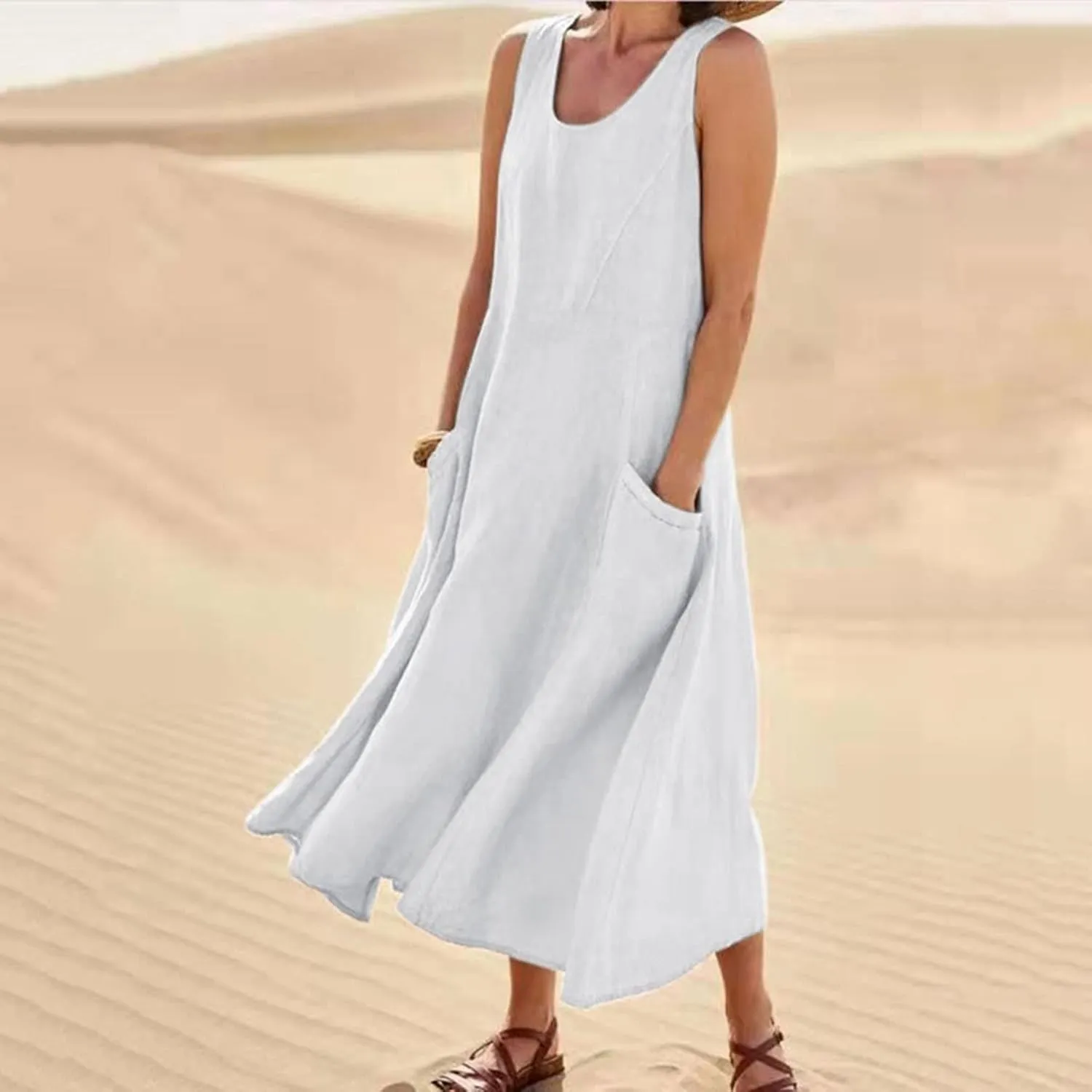 XUNRYAN Summer Dresses Women 2025 Cotton Linen Maxi Dress Sleeveless Casual Long Flowy Vacation Beach Sundress with Pockets
