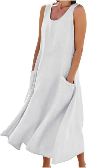 XUNRYAN Summer Dresses Women 2025 Cotton Linen Maxi Dress Sleeveless Casual Long Flowy Vacation Beach Sundress with Pockets