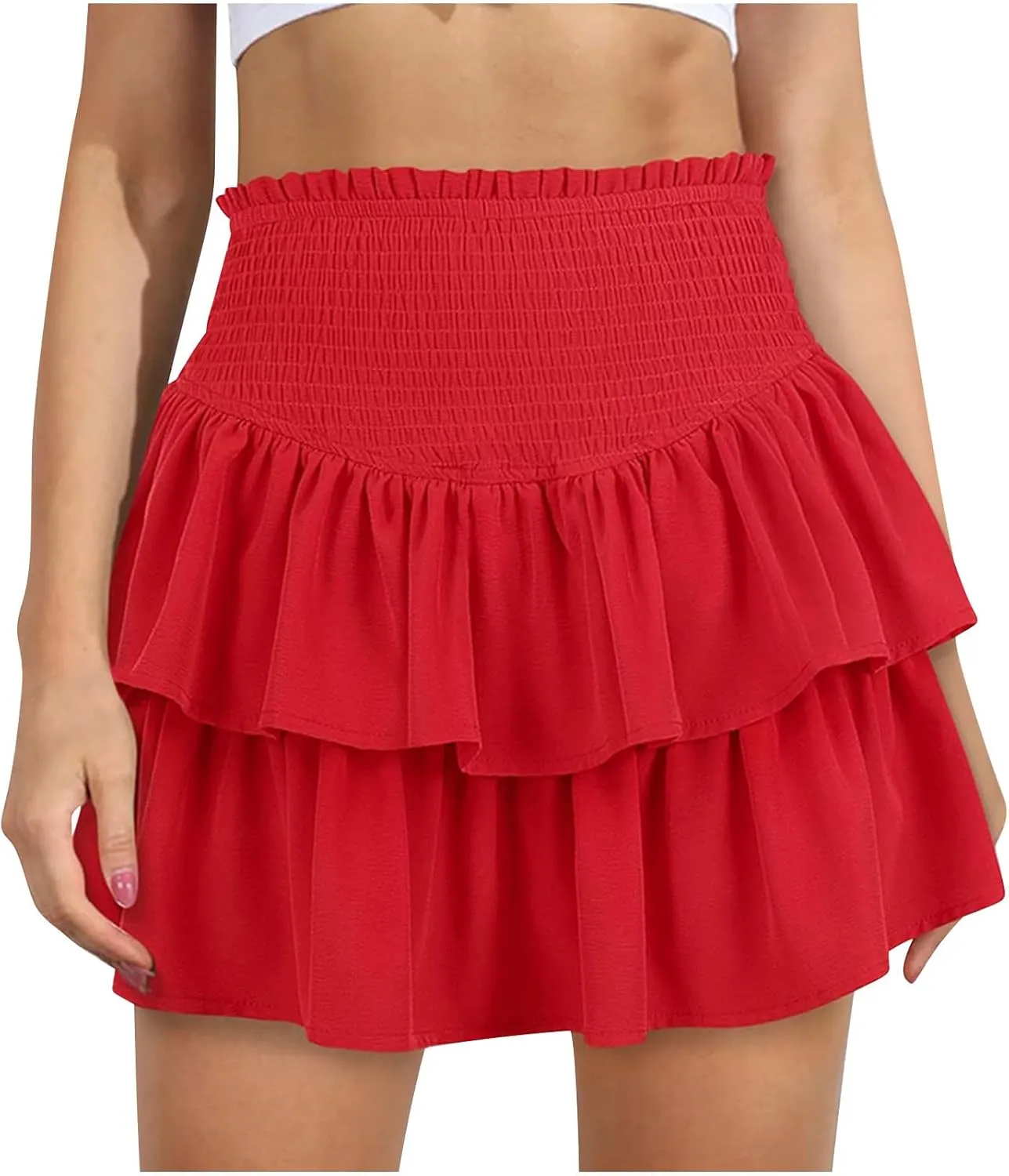 XUNRYAN Womens Summer Boho Skirts Trendy Tiered Ruffle Smocked High Waist Mini Skirt Casual Beach Holiday Vacation Outfit